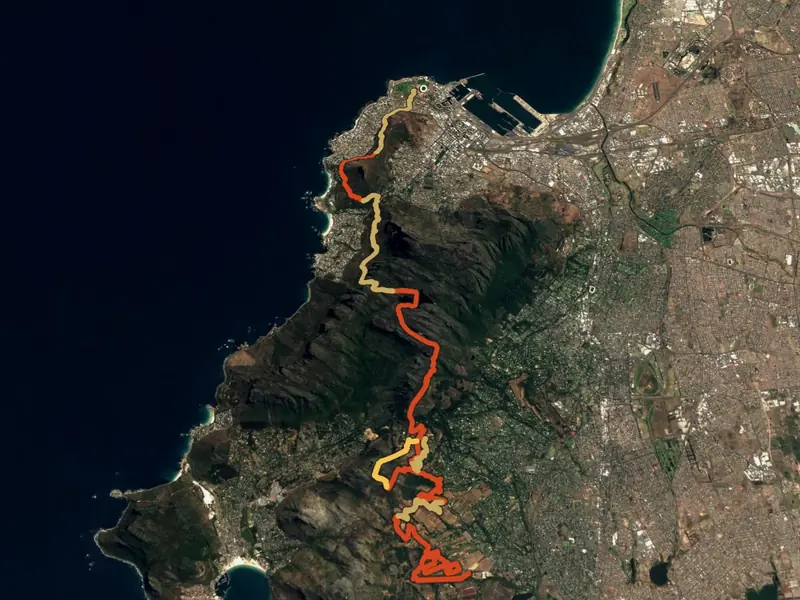 The Cobra Full route on satellite imagery, Green Point to Constantia Uitsig