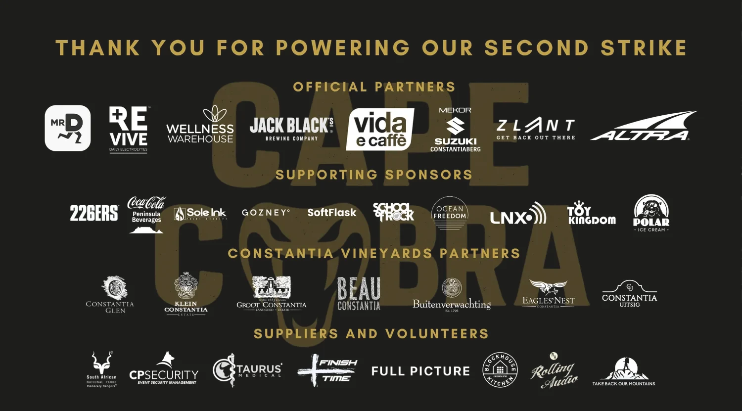 Strike II partners: official partners, supporting sponsors, Constantia vineyard partners, suppliers and volunteers