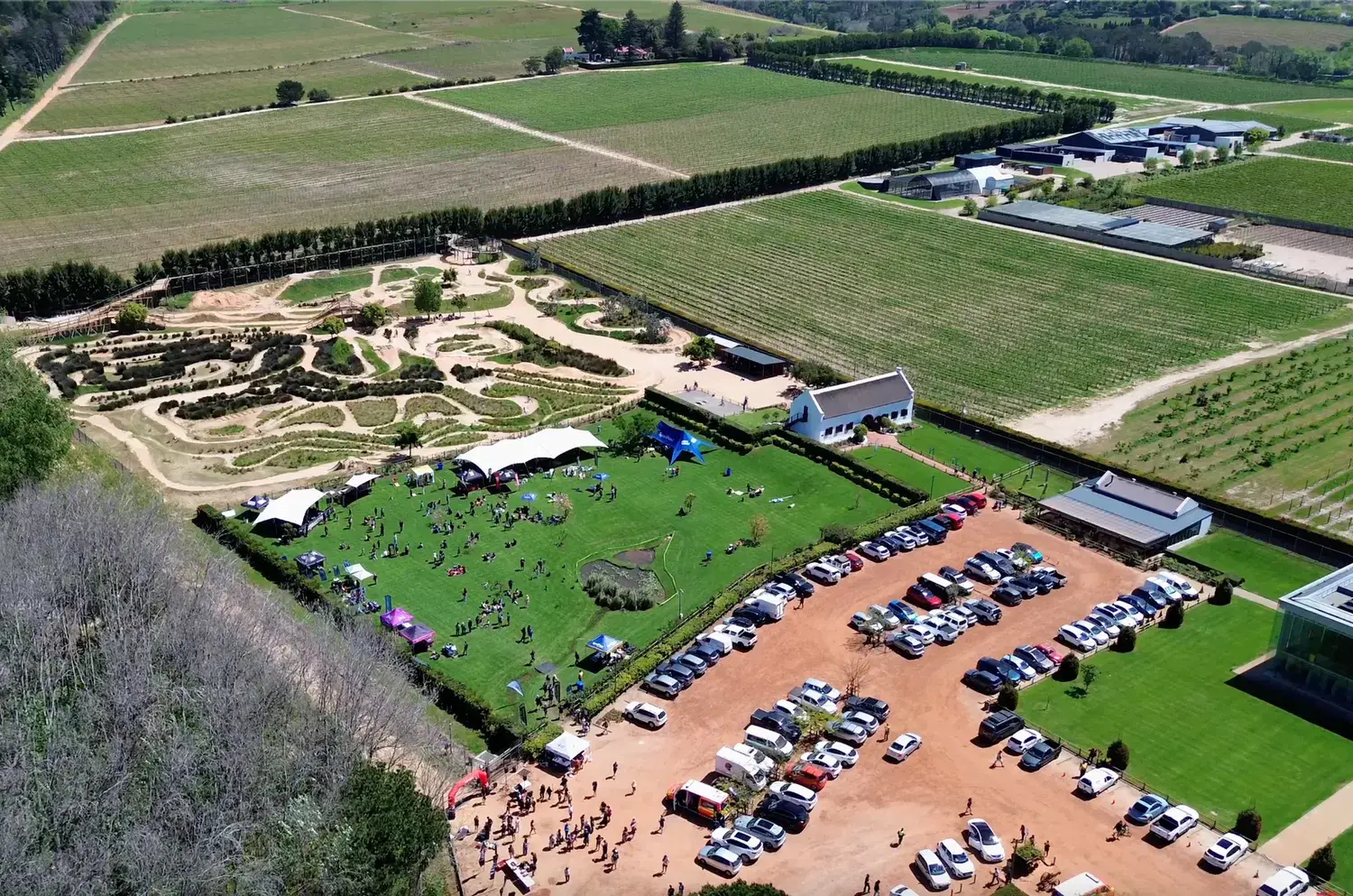 Aerial view of the race village among the Constantia vineyards